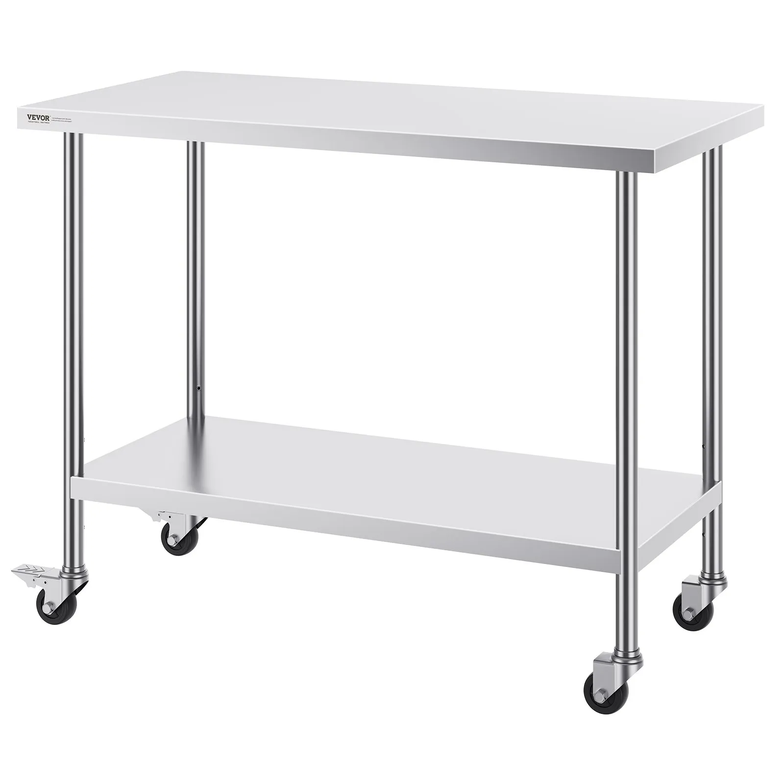 VEVOR stainless steel work table with bottom shelf and caster wheels for easy mobility in modern kitchen.