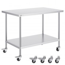 VEVOR Stainless Steel Work Table 30 x 48 x 38 Inch, with 4 Wheels, 3 Adjustable Height Levels, Heavy Duty Food Prep Worktable for Commercial Kitchen Restaurant, Silver