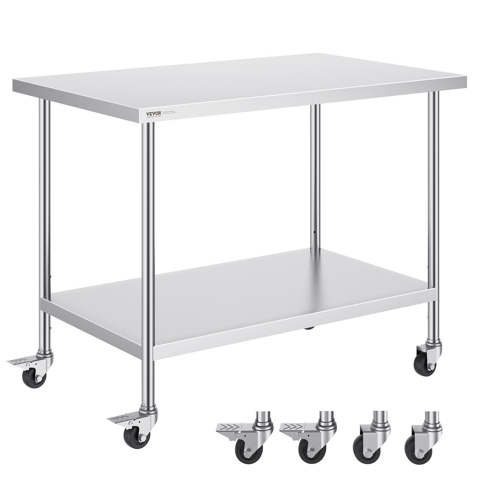VEVOR Stainless Steel Work Table 30 x 48 x 38 Inch, with 4 Wheels, 3 Adjustable Height Levels, Heavy Duty Food Prep Worktable for Commercial Kitchen Restaurant, Silver