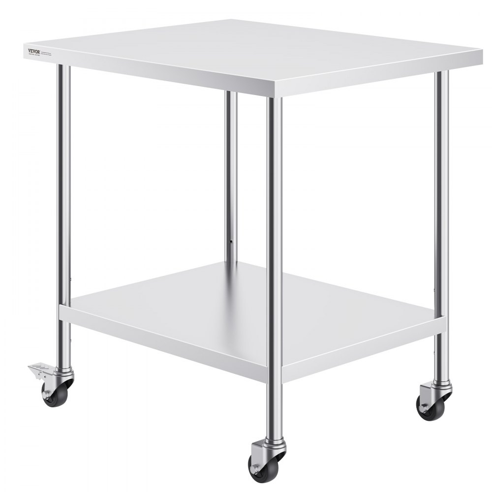 VEVOR Stainless Steel Work Table 30 x 36 x 38 Inch, with 4 Wheels, 3 Adjustable Height Levels, Heavy Duty Food Prep Worktable for Commercial Kitchen Restaurant, Silver