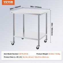 VEVOR Stainless Steel Work Table 30 x 36 x 38 Inch, with 4 Wheels, 3 Adjustable Height Levels, Heavy Duty Food Prep Worktable for Commercial Kitchen Restaurant, Silver
