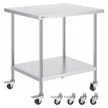 VEVOR Stainless Steel Work Table 30 x 36 x 38 Inch, with 4 Wheels, 3 Adjustable Height Levels, Heavy Duty Food Prep Worktable for Commercial Kitchen Restaurant, Silver