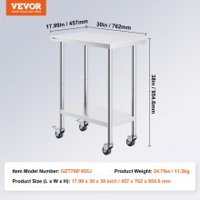 VEVOR Stainless Steel Work Table 30 x 18 x 38 Inch, with 4 Wheels, 3 Adjustable Height Levels, Heavy Duty Food Prep Worktable for Commercial Kitchen Restaurant, Silver