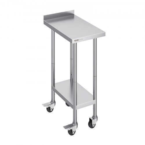 VEVOR 24 x 15 x 40 Inch Stainless Steel Work Table, Commercial Food Prep Worktable with Casters, Heavy Duty Prep Worktable, Metal Work Table with Adjustable Height for Restaurant, Home and Hotel