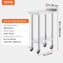 VEVOR 24 x 15 x 40 Inch Stainless Steel Work Table, Commercial Food Prep Worktable with Casters, Heavy Duty Prep Worktable, Metal Work Table with Adjustable Height for Restaurant, Home and Hotel