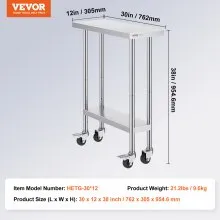 VEVOR Stainless Steel Work Table Commercial Prep Table 30x12 Inch With 4 Casters