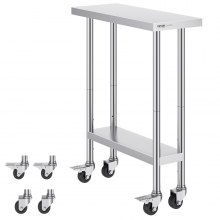 VEVOR Stainless Steel Work Table 30 x 12 x 38 Inch, with 4 Wheels, 3 Adjustable Height Levels, Heavy Duty Food Prep Worktable for Commercial Kitchen Restaurant, Silver
