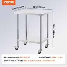 VEVOR Stainless Steel Work Table 24 x 30 x 38 Inch, with 4 Wheels, 3 Adjustable Height Levels, Heavy Duty Food Prep Worktable for Commercial Kitchen Restaurant, Silver