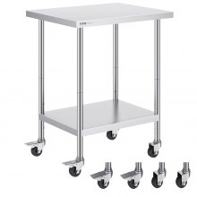VEVOR Stainless Steel Work Table 24 x 30 x 38 Inch, with 4 Wheels, 3 Adjustable Height Levels, Heavy Duty Food Prep Worktable for Commercial Kitchen Restaurant, Silver
