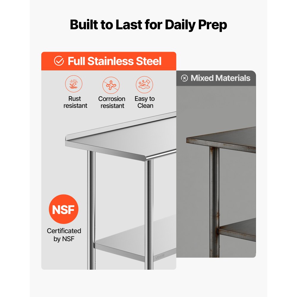 VEVOR Stainless Steel Work Table, 61x91 cm Food Prep Table with Wheels and Backsplash, Commercial Kitchen Workstation with Adjustable Undershelf, Metal Utility Worktable, for Restaurant Outdoor