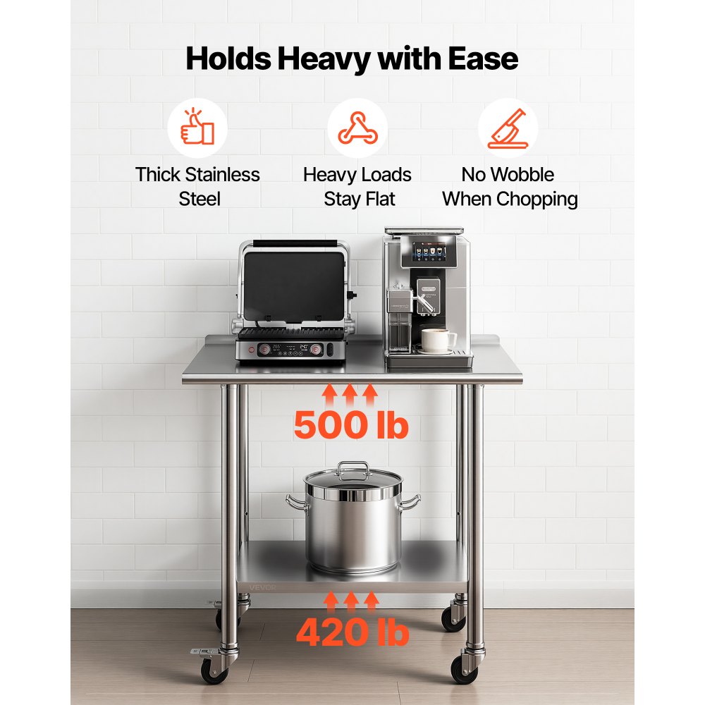 VEVOR Stainless Steel Work Table, 61x91 cm Food Prep Table with Wheels and Backsplash, Commercial Kitchen Workstation with Adjustable Undershelf, Metal Utility Worktable, for Restaurant Outdoor
