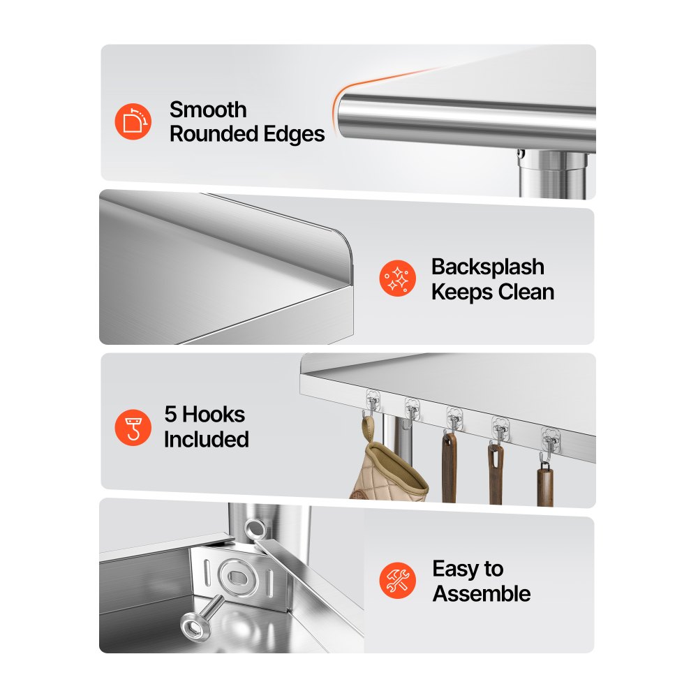 VEVOR Stainless Steel Work Table, 61x91 cm Food Prep Table with Wheels and Backsplash, Commercial Kitchen Workstation with Adjustable Undershelf, Metal Utility Worktable, for Restaurant Outdoor