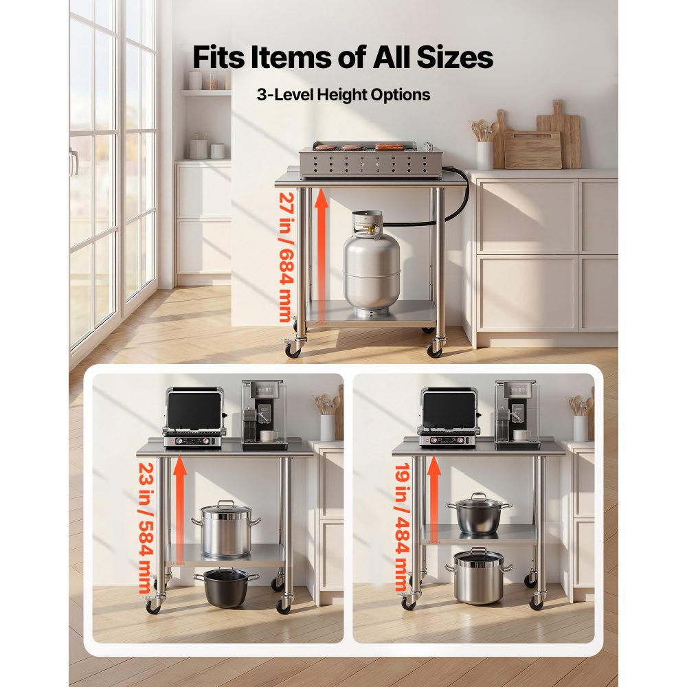 VEVOR Stainless Steel Work Table, 61x91 cm Food Prep Table with Wheels and Backsplash, Commercial Kitchen Workstation with Adjustable Undershelf, Metal Utility Worktable, for Restaurant Outdoor