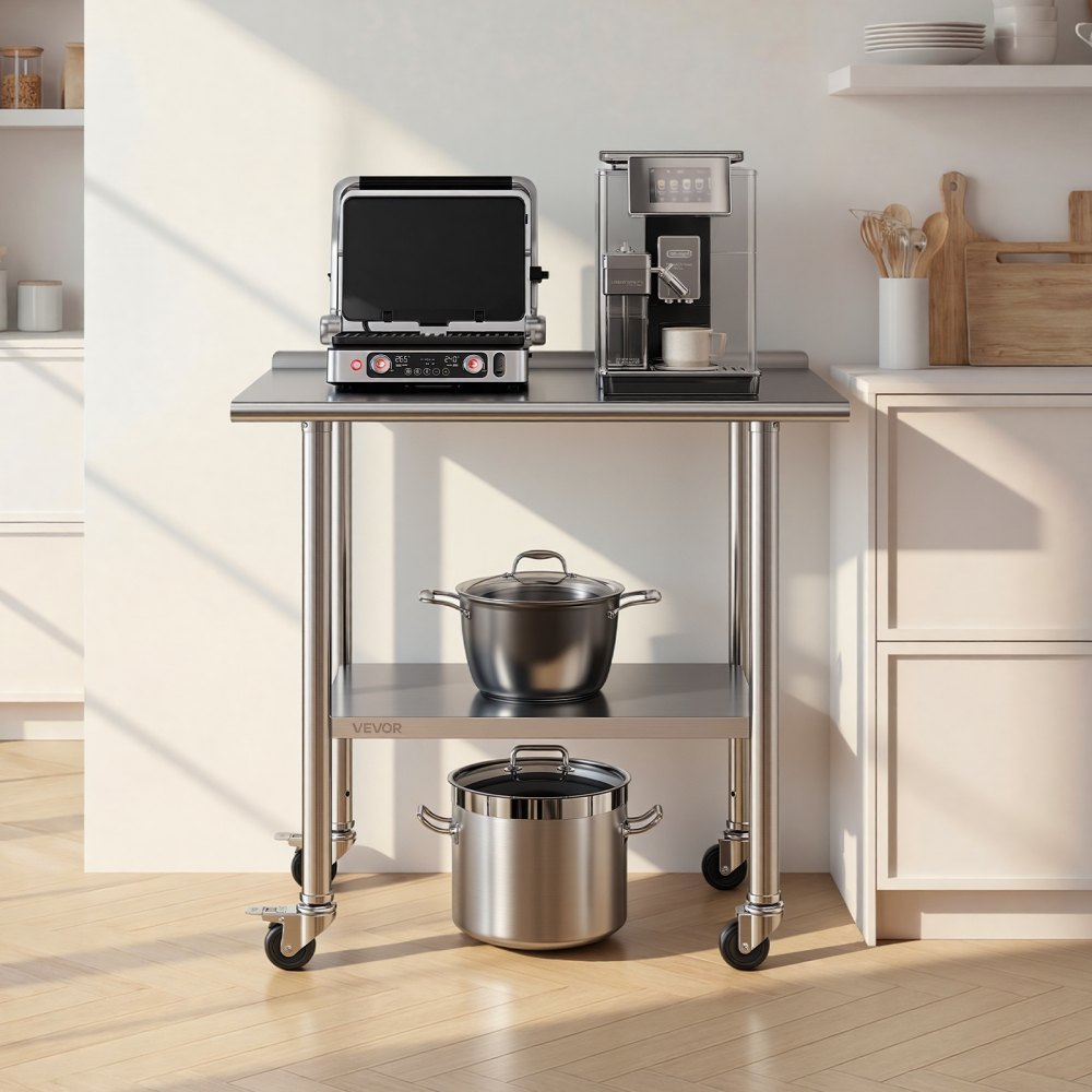 VEVOR Stainless Steel Work Table, 61x91 cm Food Prep Table with Wheels and Backsplash, Commercial Kitchen Workstation with Adjustable Undershelf, Metal Utility Worktable, for Restaurant Outdoor