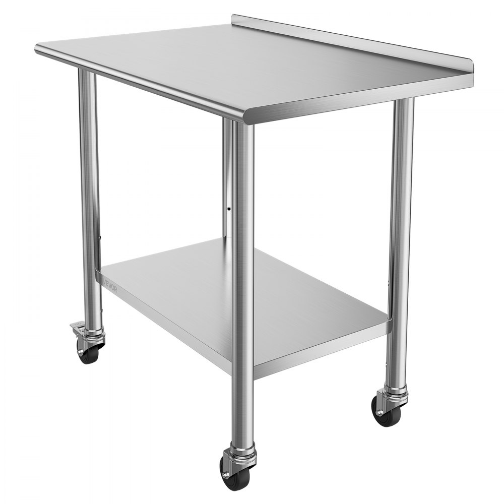 VEVOR Stainless Steel Work Table, 61x91 cm Food Prep Table with Wheels and Backsplash, Commercial Kitchen Workstation with Adjustable Undershelf, Metal Utility Worktable, for Restaurant Outdoor