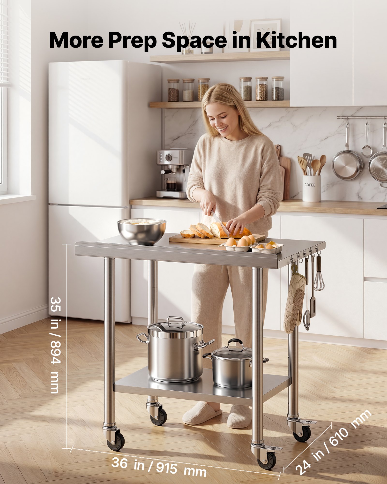 VEVOR Stainless Steel Work Table, 61x91 cm Food Prep Table with Wheels and Backsplash, Commercial Kitchen Workstation with Adjustable Undershelf, Metal Utility Worktable, for Restaurant Outdoor