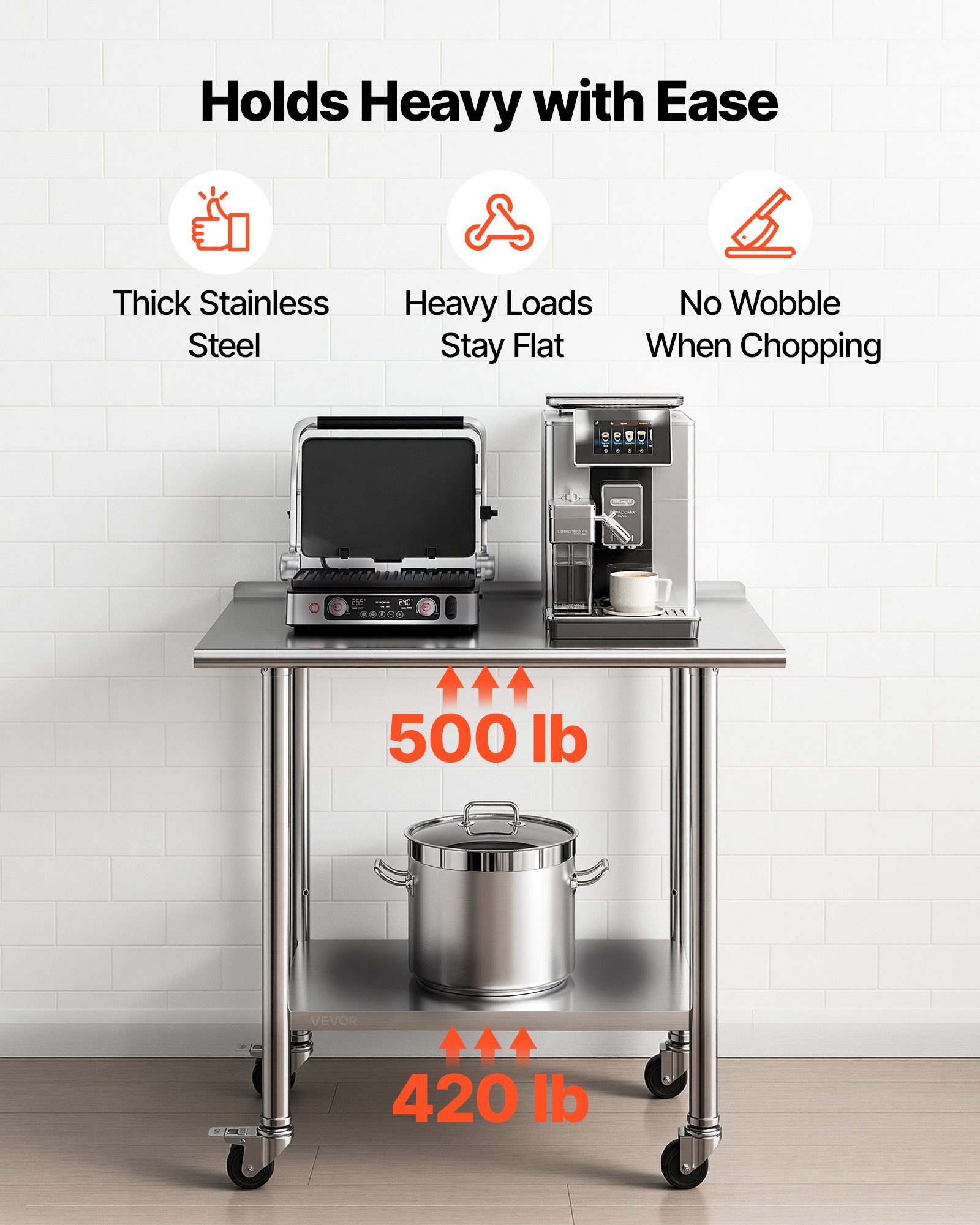 VEVOR Stainless Steel Work Table, 61x91 cm Food Prep Table with Wheels and Backsplash, Commercial Kitchen Workstation with Adjustable Undershelf, Metal Utility Worktable, for Restaurant Outdoor