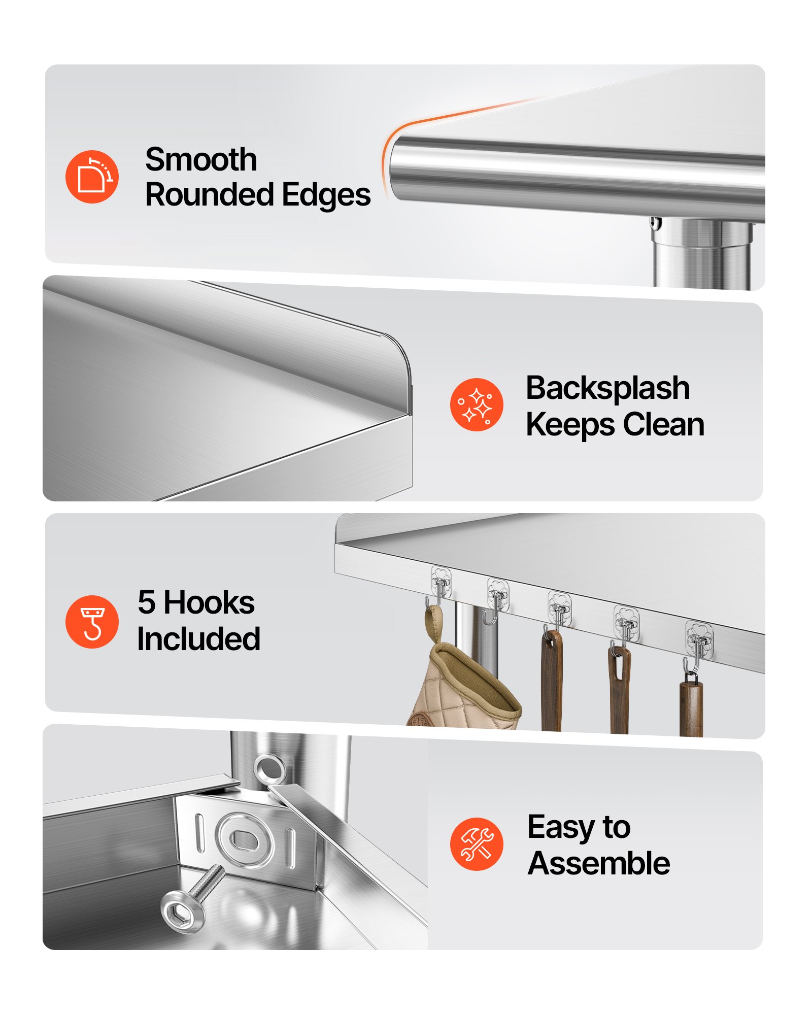 VEVOR Stainless Steel Work Table, 61x91 cm Food Prep Table with Wheels and Backsplash, Commercial Kitchen Workstation with Adjustable Undershelf, Metal Utility Worktable, for Restaurant Outdoor
