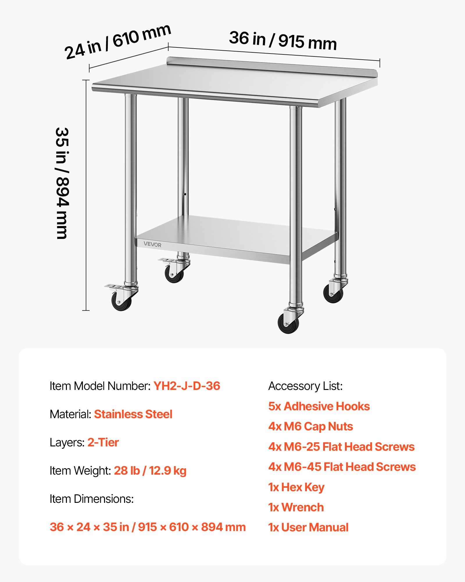 VEVOR Stainless Steel Work Table, 61x91 cm Food Prep Table with Wheels and Backsplash, Commercial Kitchen Workstation with Adjustable Undershelf, Metal Utility Worktable, for Restaurant Outdoor