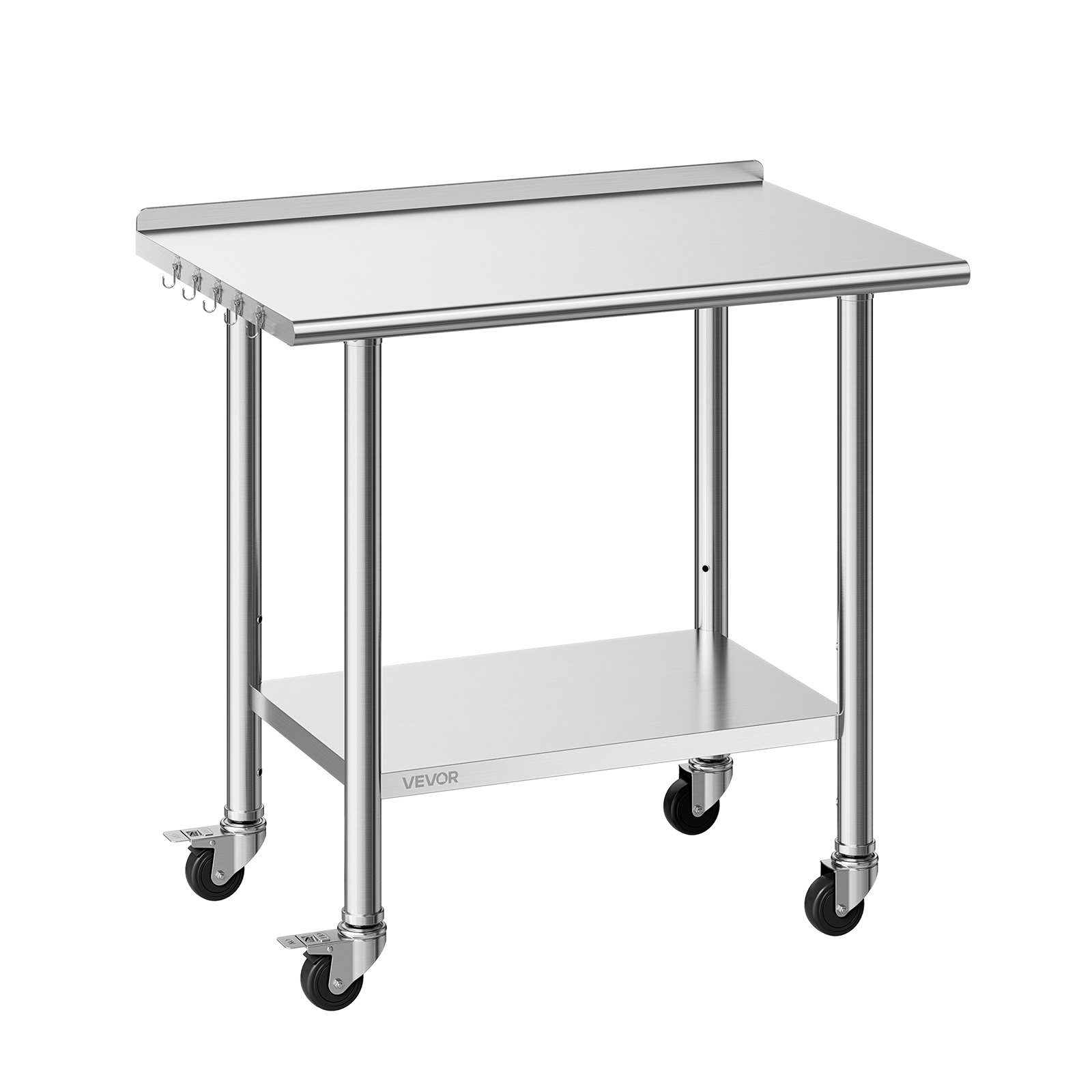 VEVOR Stainless Steel Work Table, 61x91 cm Food Prep Table with Wheels and Backsplash, Commercial Kitchen Workstation with Adjustable Undershelf, Metal Utility Worktable, for Restaurant Outdoor