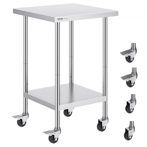 VEVOR Stainless Steel Work Table Commercial Prep Table 24x24 Inch With 4 Casters