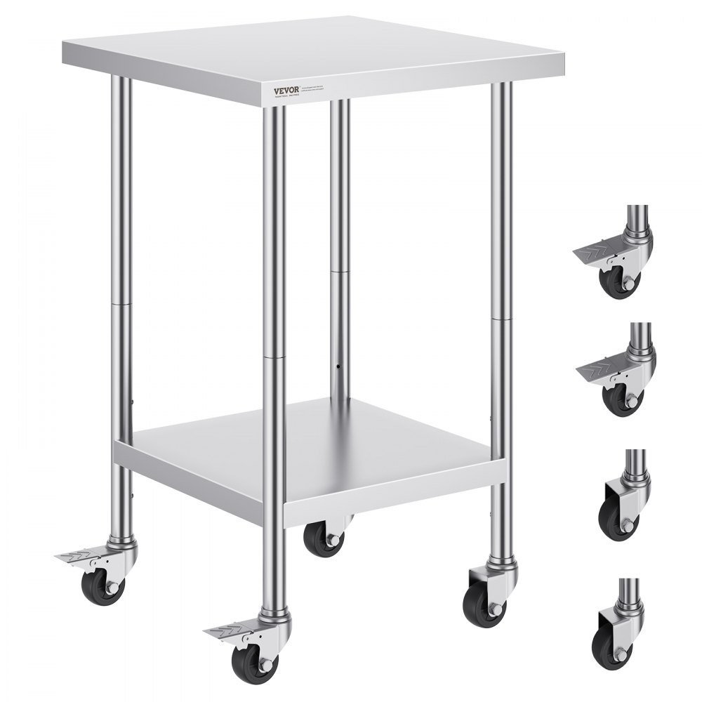 VEVOR Stainless Steel Work Table 24 x 24 x 38 Inch, with 4 Wheels, 3 Adjustable Height Levels, Heavy Duty Food Prep Worktable for Commercial Kitchen Restaurant, Silver