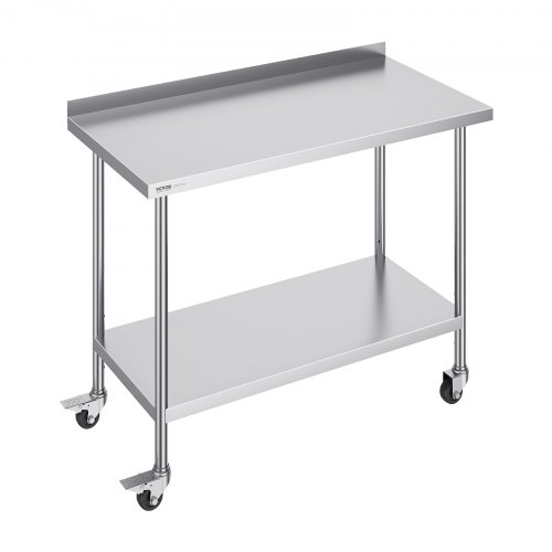 VEVOR 24 x 48 x 40 Inch Stainless Steel Work Table, Commercial Food Prep Worktable with Casters, Heavy Duty Prep Worktable, Metal Work Table with Adjustable Height for Restaurant, Home and Hotel