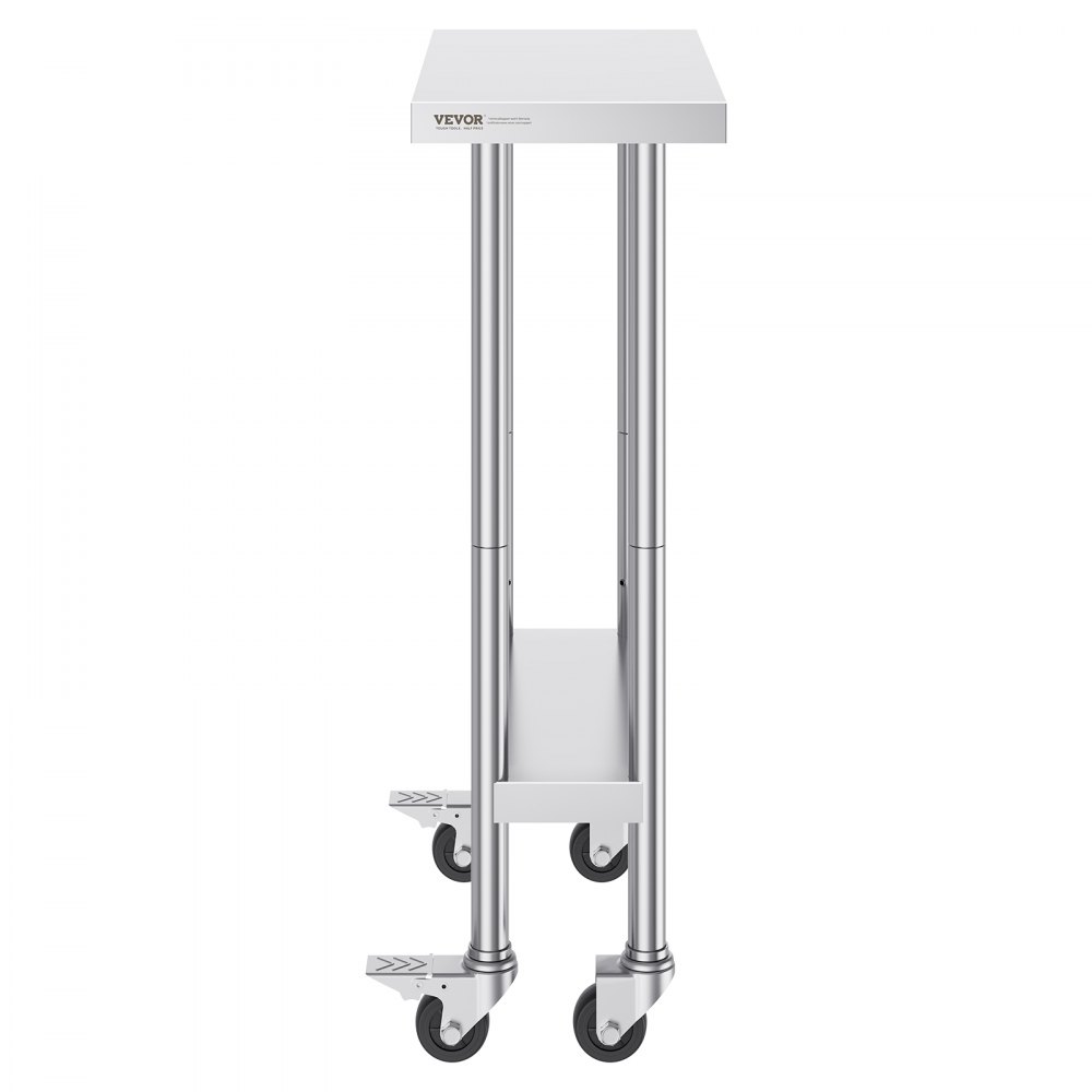 VEVOR stainless steel work table with lower shelf and lockable wheels, ideal for kitchens and workshops