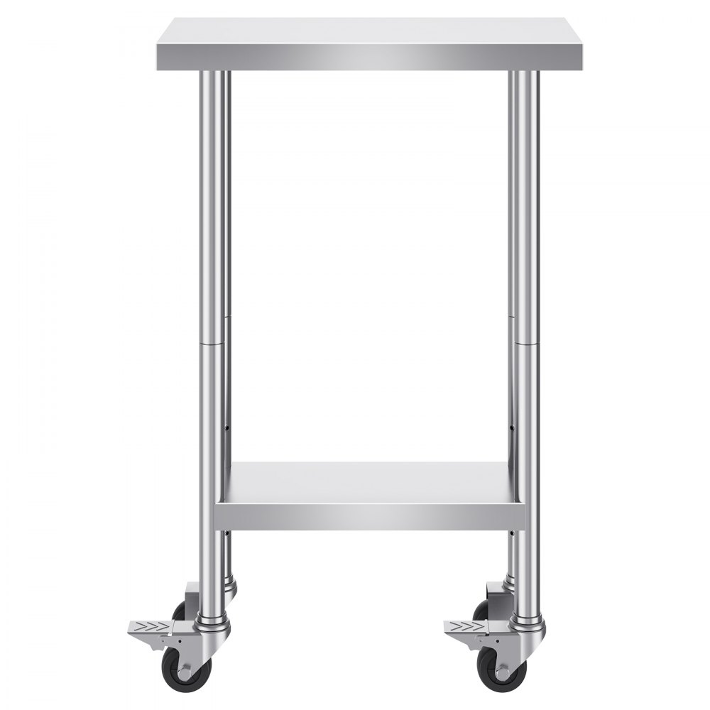 VEVOR stainless steel work table with adjustable undershelf and heavy-duty caster wheels.