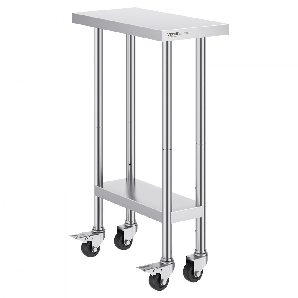 VEVOR stainless steel work table with adjustable height, caster wheels, and undershelf for storage.