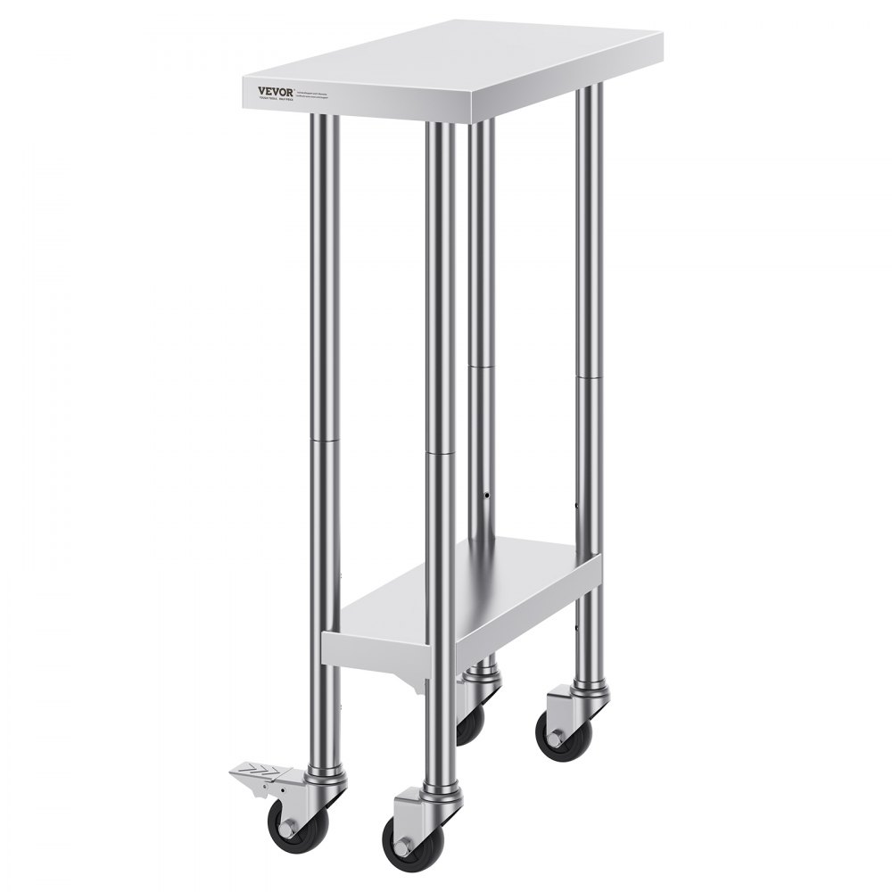 VEVOR stainless steel work table with wheels and lower shelf for added storage and mobility.