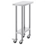 VEVOR stainless steel work table with wheels and lower shelf for added storage and mobility.