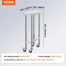 VEVOR Stainless Steel Work Table Commercial Prep Table 24x12 Inch With 4 Casters
