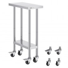 VEVOR Stainless Steel Work Table 24 x 12 x 38 Inch, with 4 Wheels, 3 Adjustable Height Levels, Heavy Duty Food Prep Worktable for Commercial Kitchen Restaurant, Silver