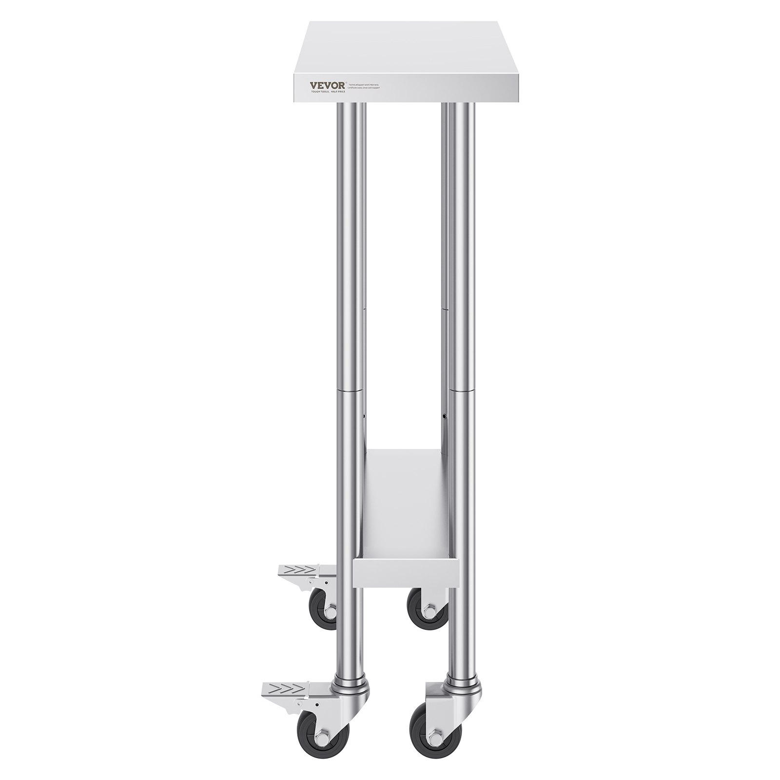 VEVOR stainless steel work table with lower shelf and lockable wheels, ideal for kitchens and workshops