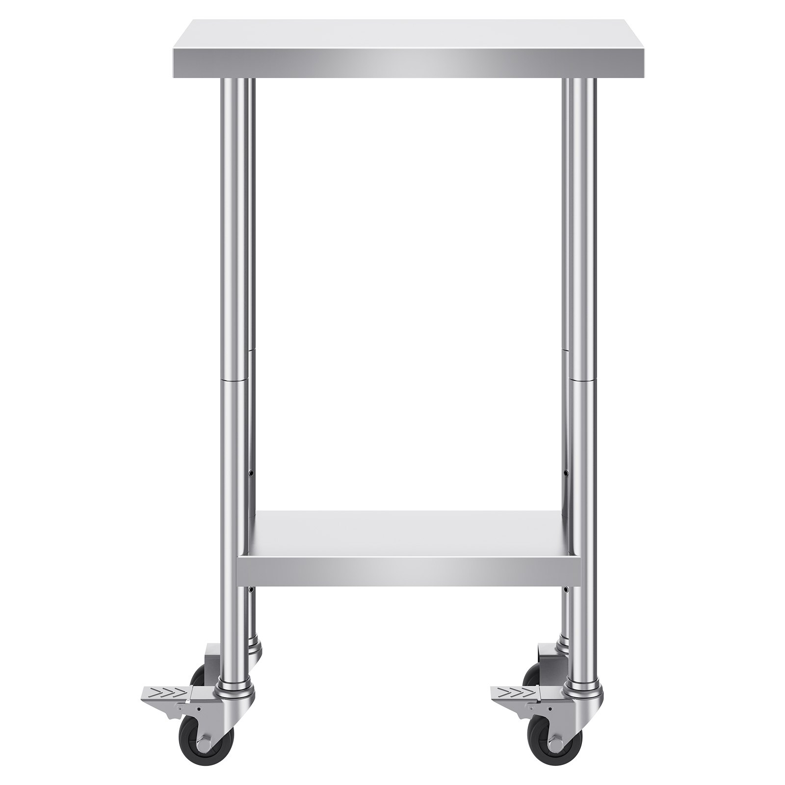 VEVOR stainless steel work table with adjustable undershelf and heavy-duty caster wheels.