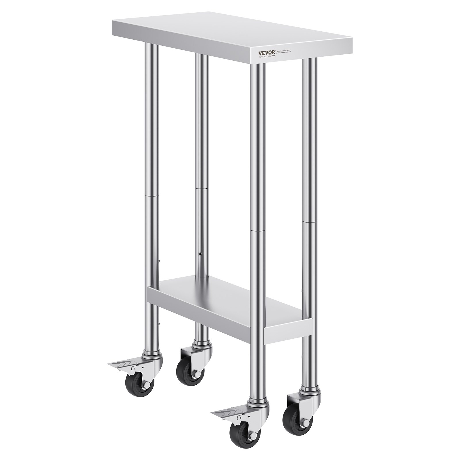 VEVOR stainless steel work table with adjustable height, caster wheels, and undershelf for storage.