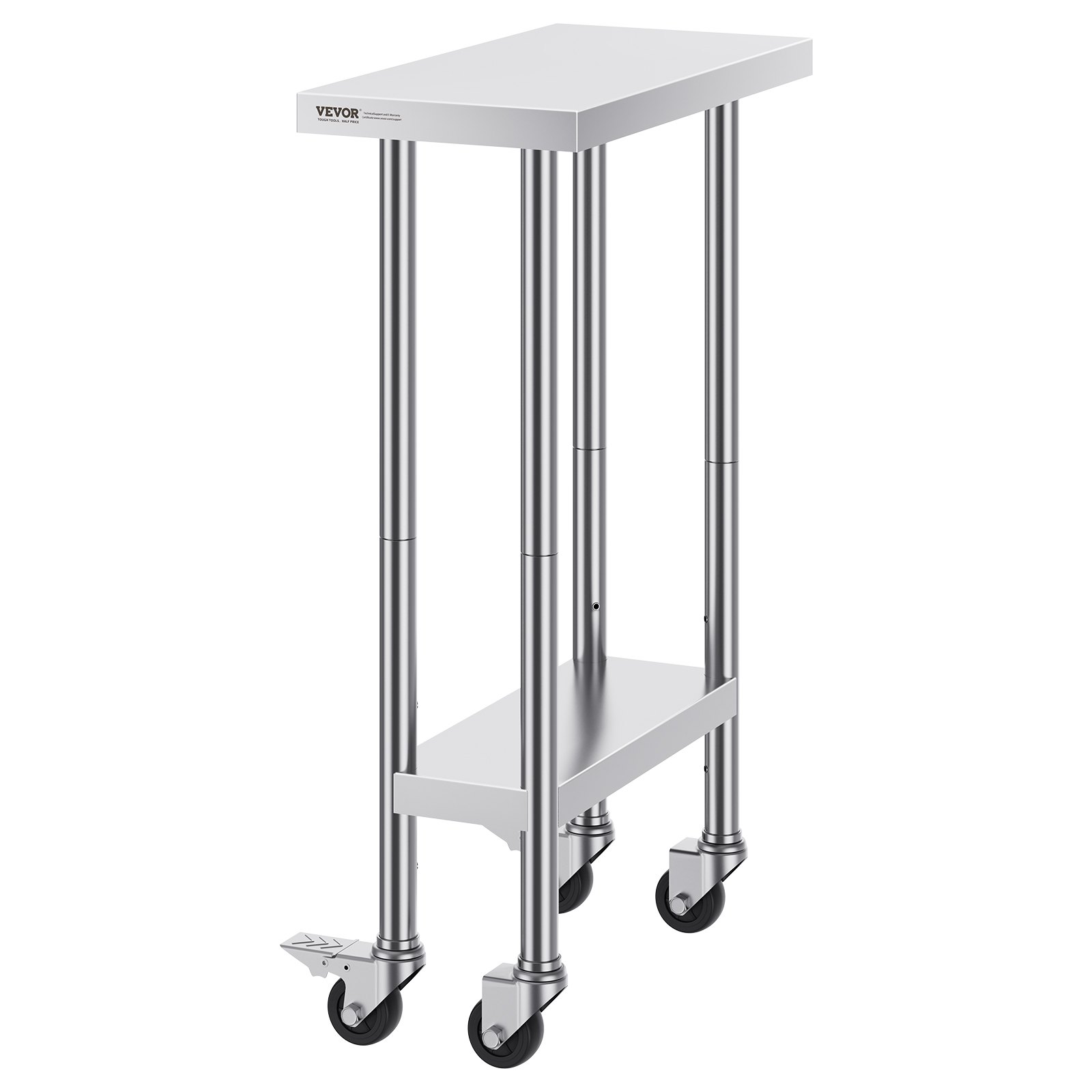 VEVOR stainless steel work table with wheels and lower shelf for added storage and mobility.