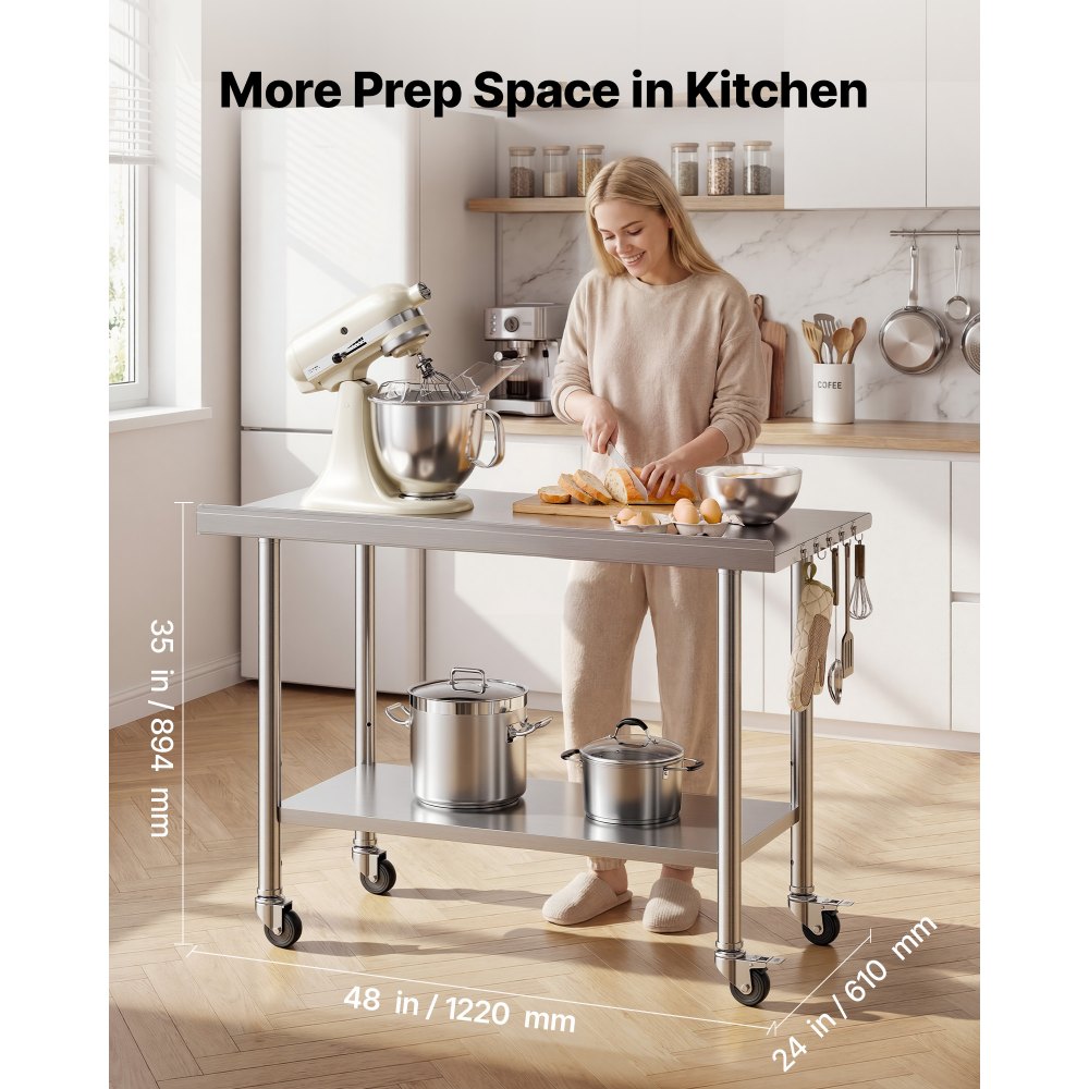 VEVOR Stainless Steel Work Table, 61x122 cm Food Prep Table with Wheels, Commercial Kitchen Workstation with Adjustable Undershelf, Metal Heavy Duty Utility Worktable, for Restaurant Outdoor