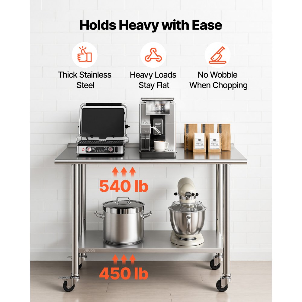VEVOR Stainless Steel Work Table, 61x122 cm Food Prep Table with Wheels, Commercial Kitchen Workstation with Adjustable Undershelf, Metal Heavy Duty Utility Worktable, for Restaurant Outdoor
