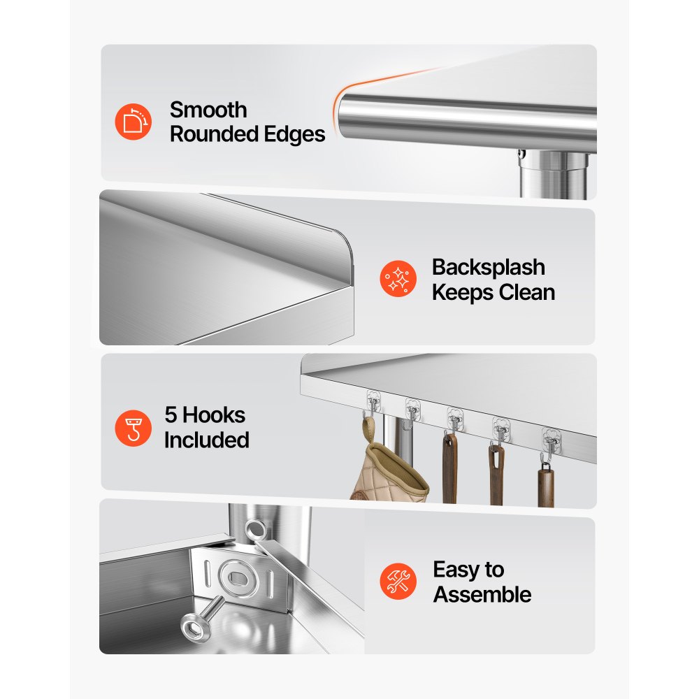 VEVOR Stainless Steel Work Table, 61x122 cm Food Prep Table with Wheels, Commercial Kitchen Workstation with Adjustable Undershelf, Metal Heavy Duty Utility Worktable, for Restaurant Outdoor