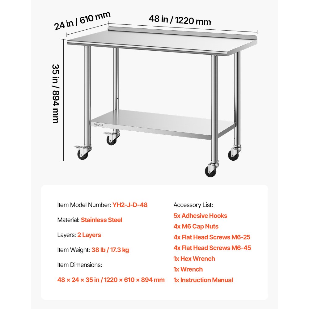 VEVOR Stainless Steel Work Table, 61x122 cm Food Prep Table with Wheels, Commercial Kitchen Workstation with Adjustable Undershelf, Metal Heavy Duty Utility Worktable, for Restaurant Outdoor