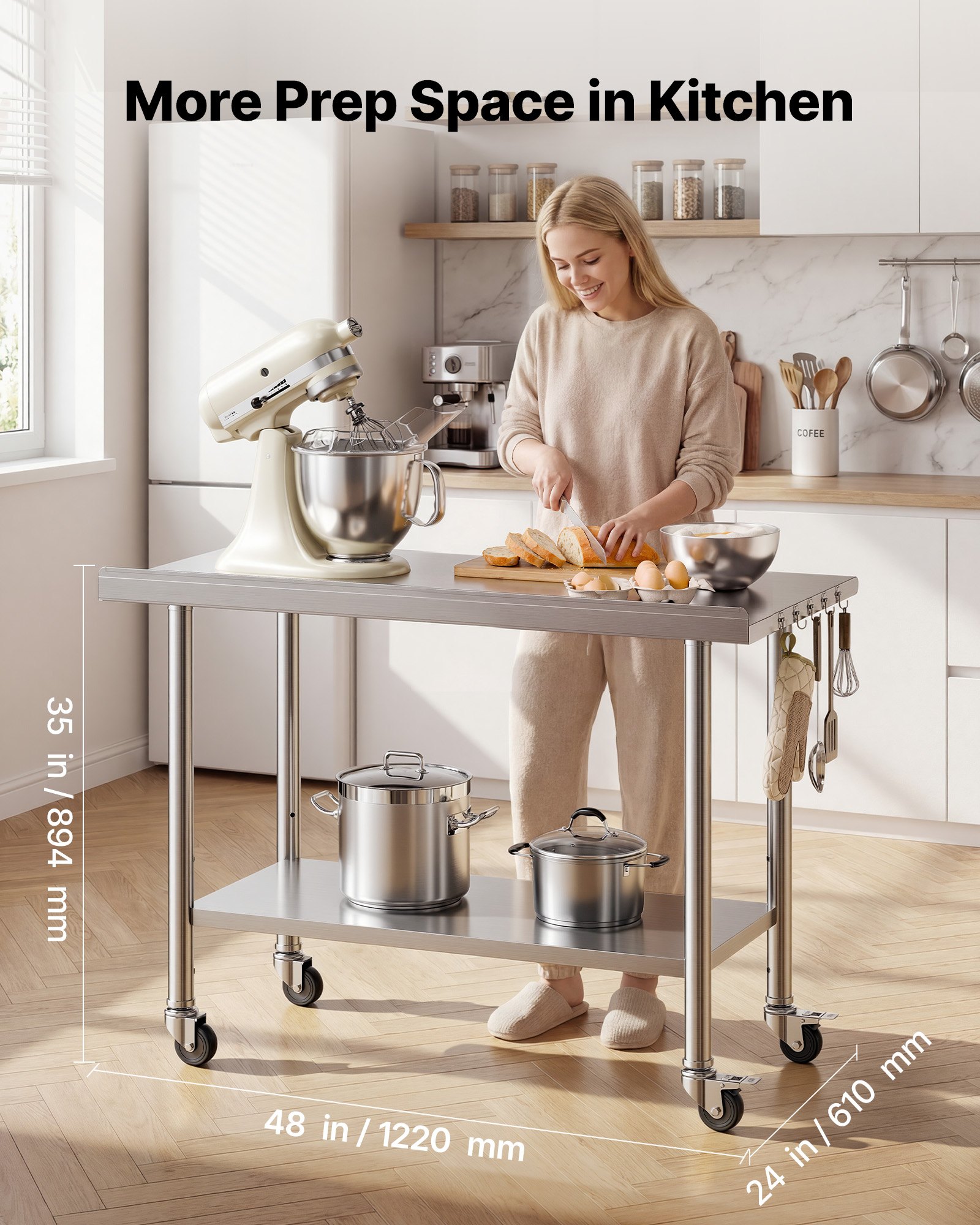 VEVOR Stainless Steel Work Table, 61x122 cm Food Prep Table with Wheels, Commercial Kitchen Workstation with Adjustable Undershelf, Metal Heavy Duty Utility Worktable, for Restaurant Outdoor
