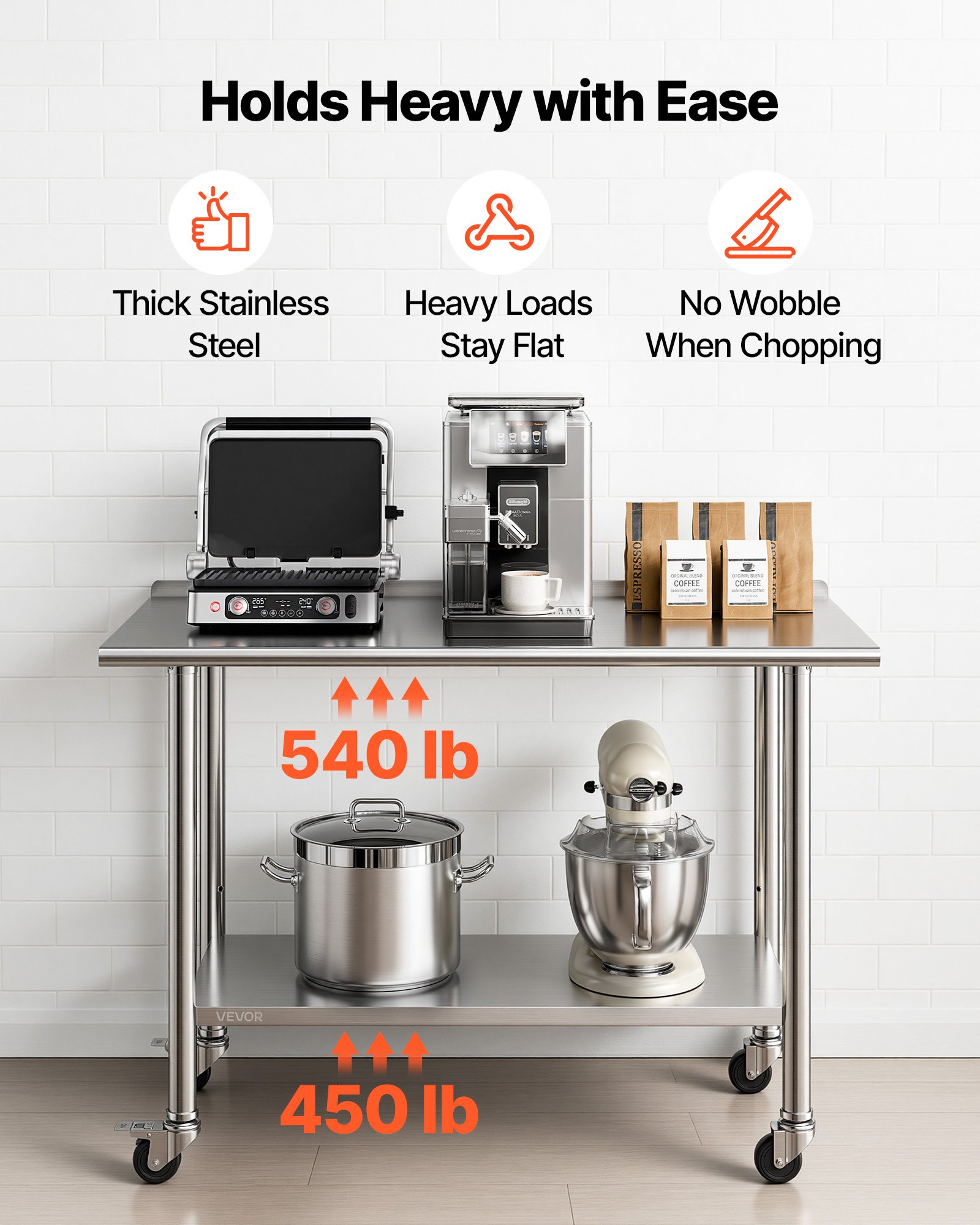 VEVOR Stainless Steel Work Table, 61x122 cm Food Prep Table with Wheels, Commercial Kitchen Workstation with Adjustable Undershelf, Metal Heavy Duty Utility Worktable, for Restaurant Outdoor