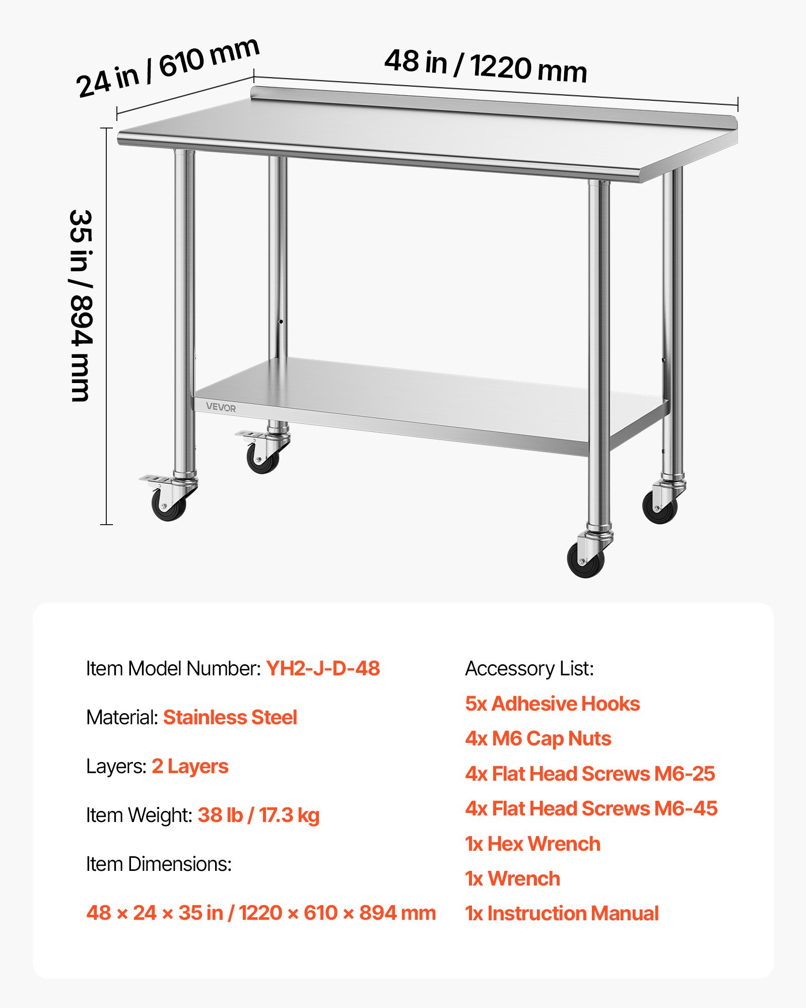 VEVOR Stainless Steel Work Table, 61x122 cm Food Prep Table with Wheels, Commercial Kitchen Workstation with Adjustable Undershelf, Metal Heavy Duty Utility Worktable, for Restaurant Outdoor