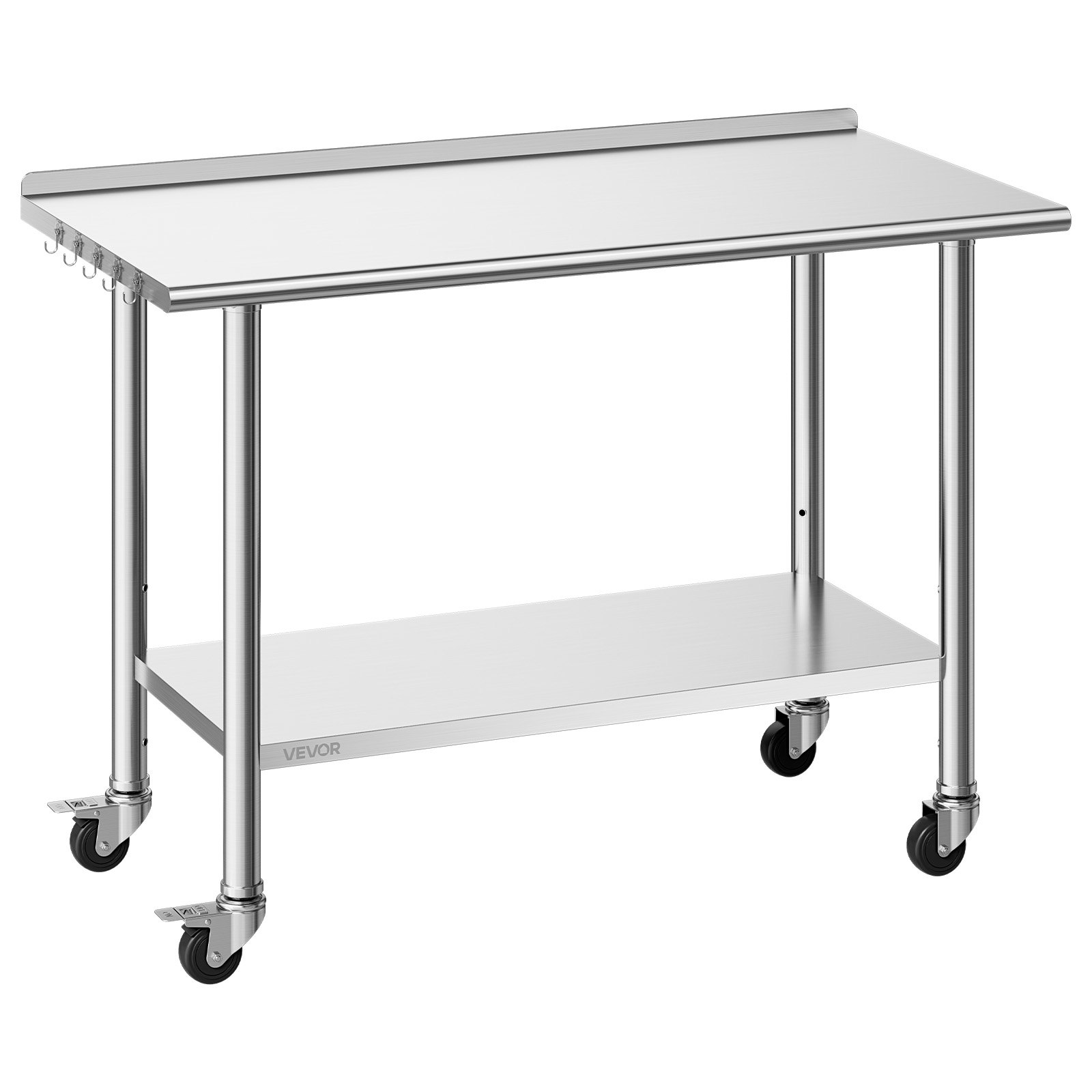 VEVOR Stainless Steel Work Table, 61x122 cm Food Prep Table with Wheels, Commercial Kitchen Workstation with Adjustable Undershelf, Metal Heavy Duty Utility Worktable, for Restaurant Outdoor