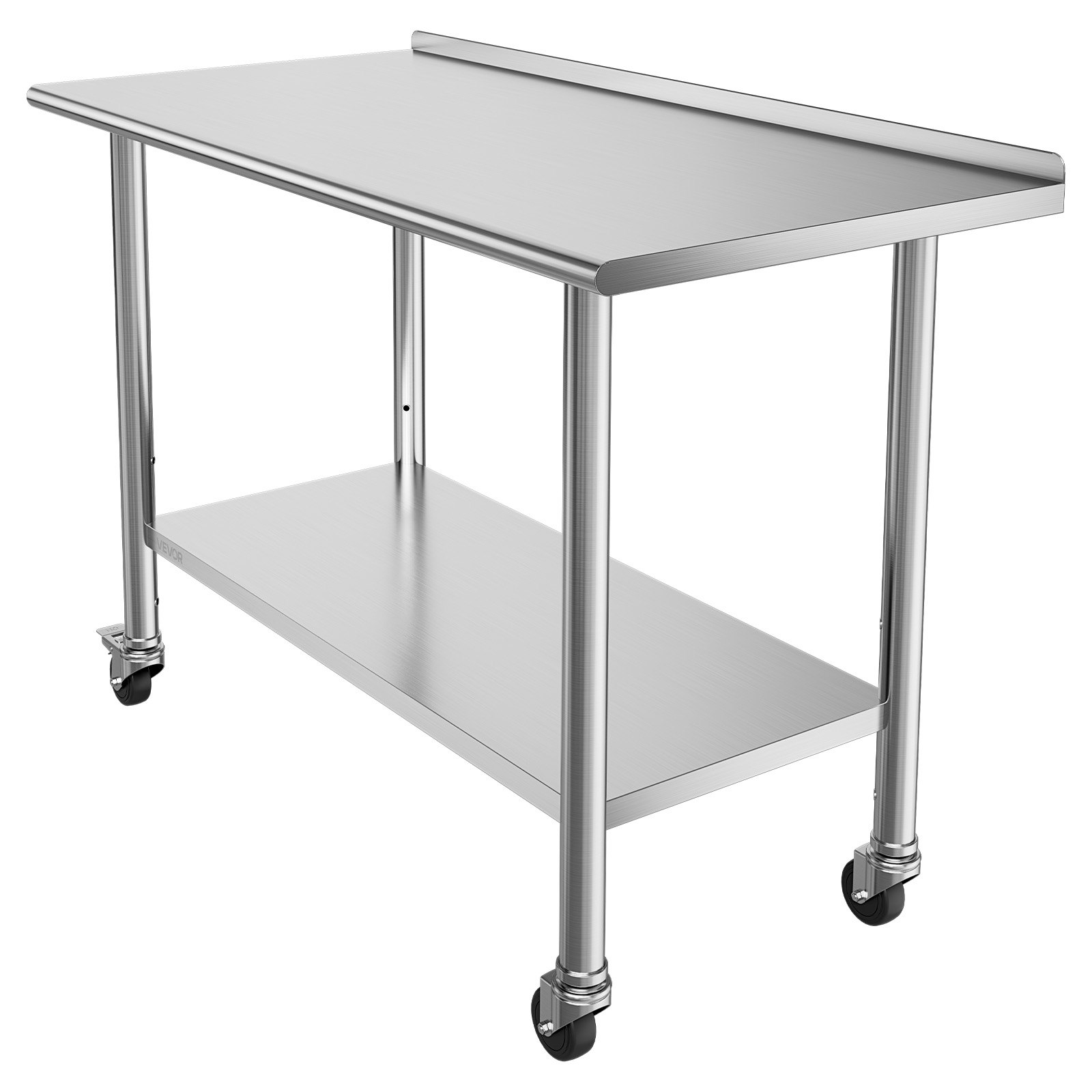 VEVOR Stainless Steel Work Table, 61x122 cm Food Prep Table with Wheels, Commercial Kitchen Workstation with Adjustable Undershelf, Metal Heavy Duty Utility Worktable, for Restaurant Outdoor