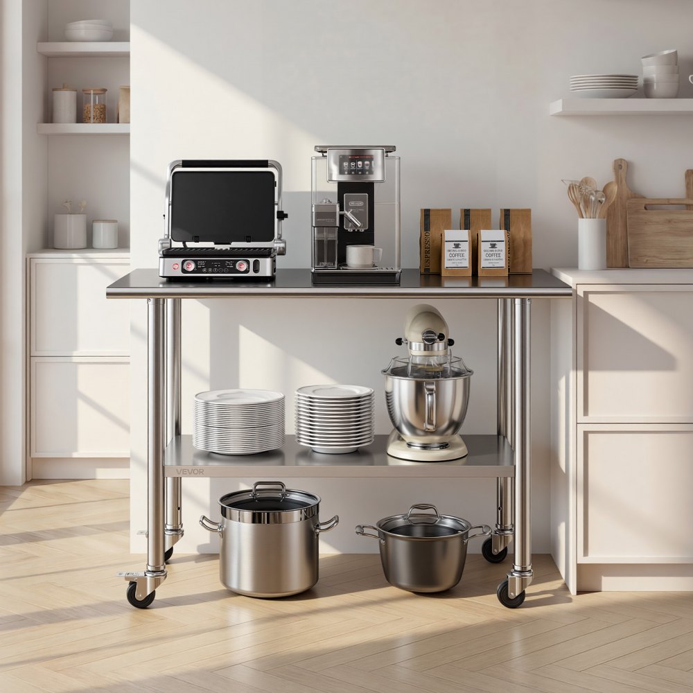 VEVOR Stainless Steel Work Table, 61x122 cm Food Prep Table with Wheels, Commercial Kitchen Workstation with Adjustable Undershelf, Metal Utility Worktable, for Restaurant Outdoor