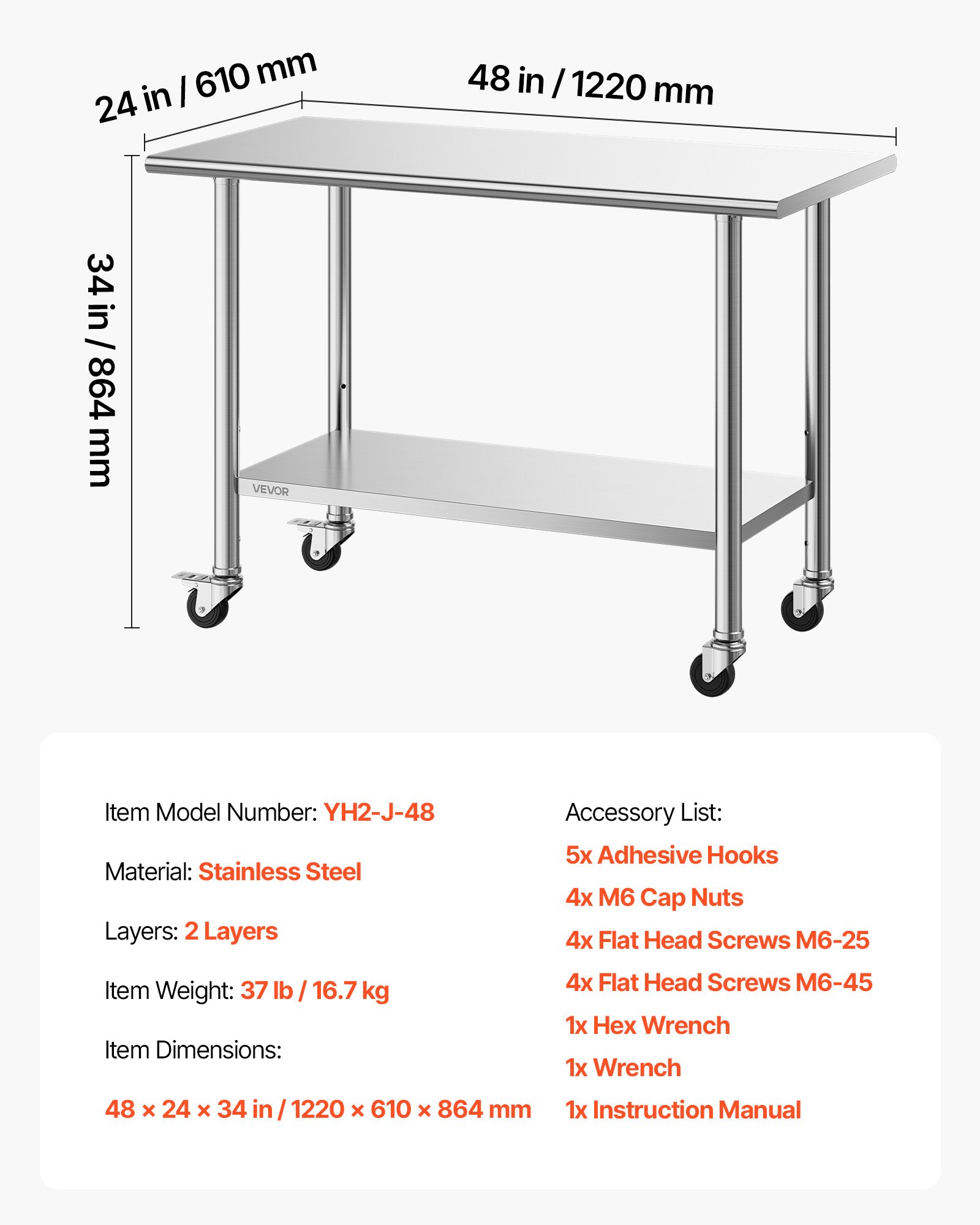 VEVOR Stainless Steel Work Table, 61x122 cm Food Prep Table with Wheels, Commercial Kitchen Workstation with Adjustable Undershelf, Metal Utility Worktable, for Restaurant Outdoor
