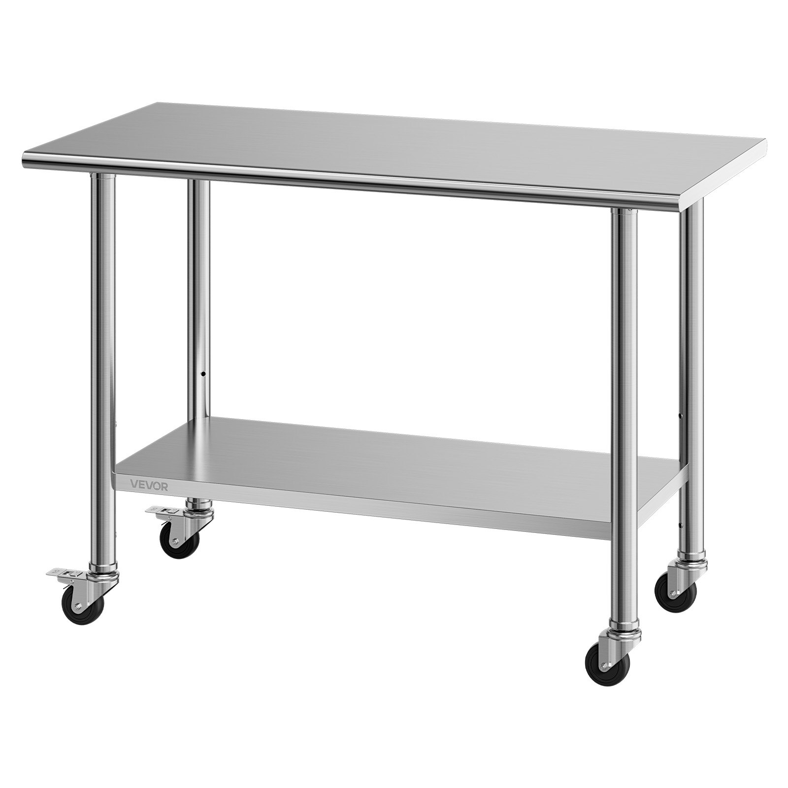 VEVOR Stainless Steel Work Table, 61x122 cm Food Prep Table with Wheels, Commercial Kitchen Workstation with Adjustable Undershelf, Metal Utility Worktable, for Restaurant Outdoor